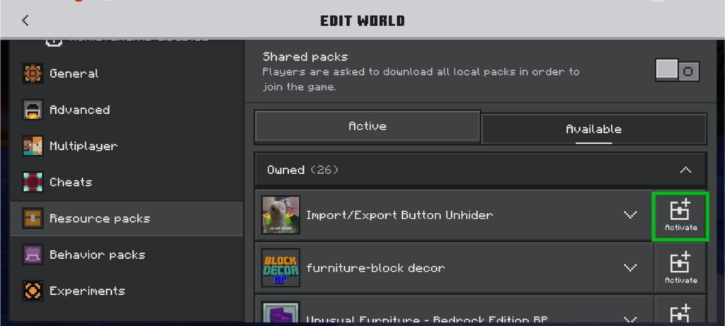 Activate the import/export button unhider for MCPE, in Minecraft mobile.